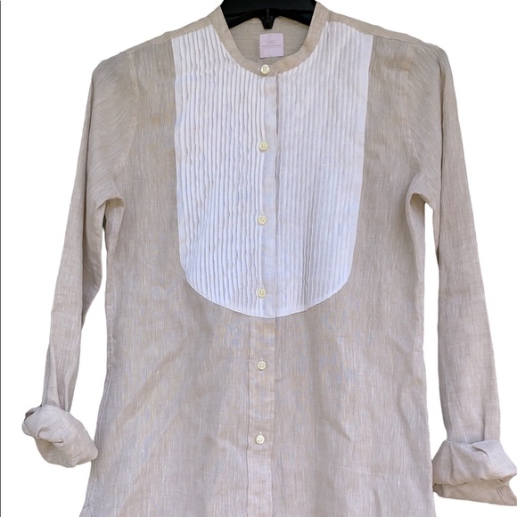 ANN MASHBURN Tops - Ann Mashburn tan & white linen button down shirt linen Size extra small